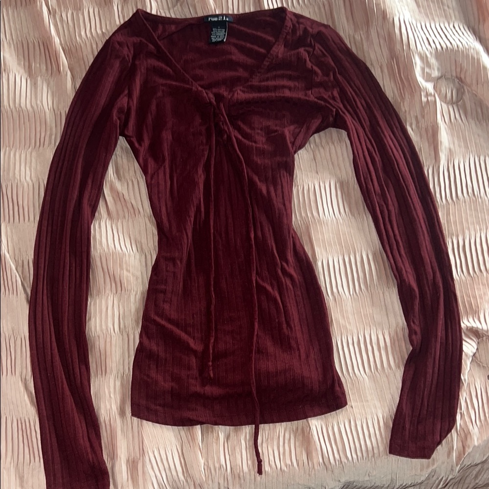 Forever 21 Red Long Sleeve Tie Front Blouse